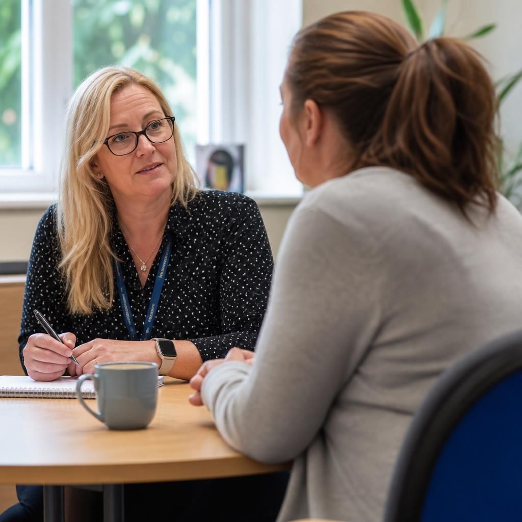 Foster carer speaking with a supervising social worker at a table