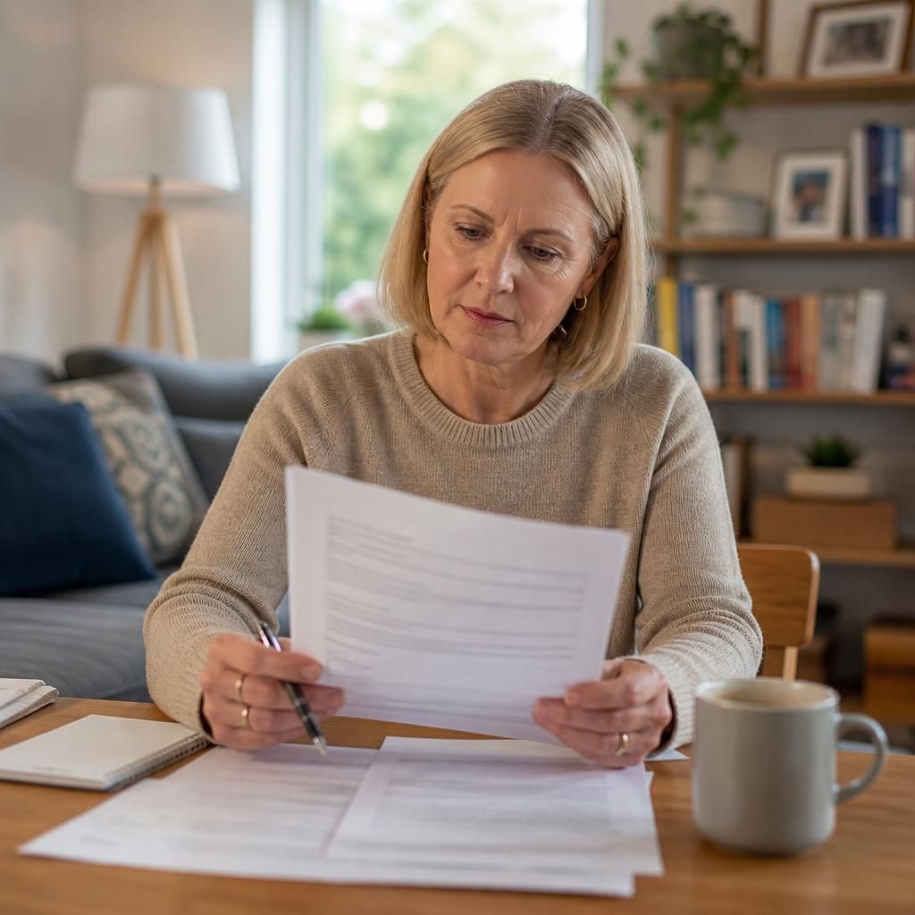 Foster carer reviewing tenancy documents at home