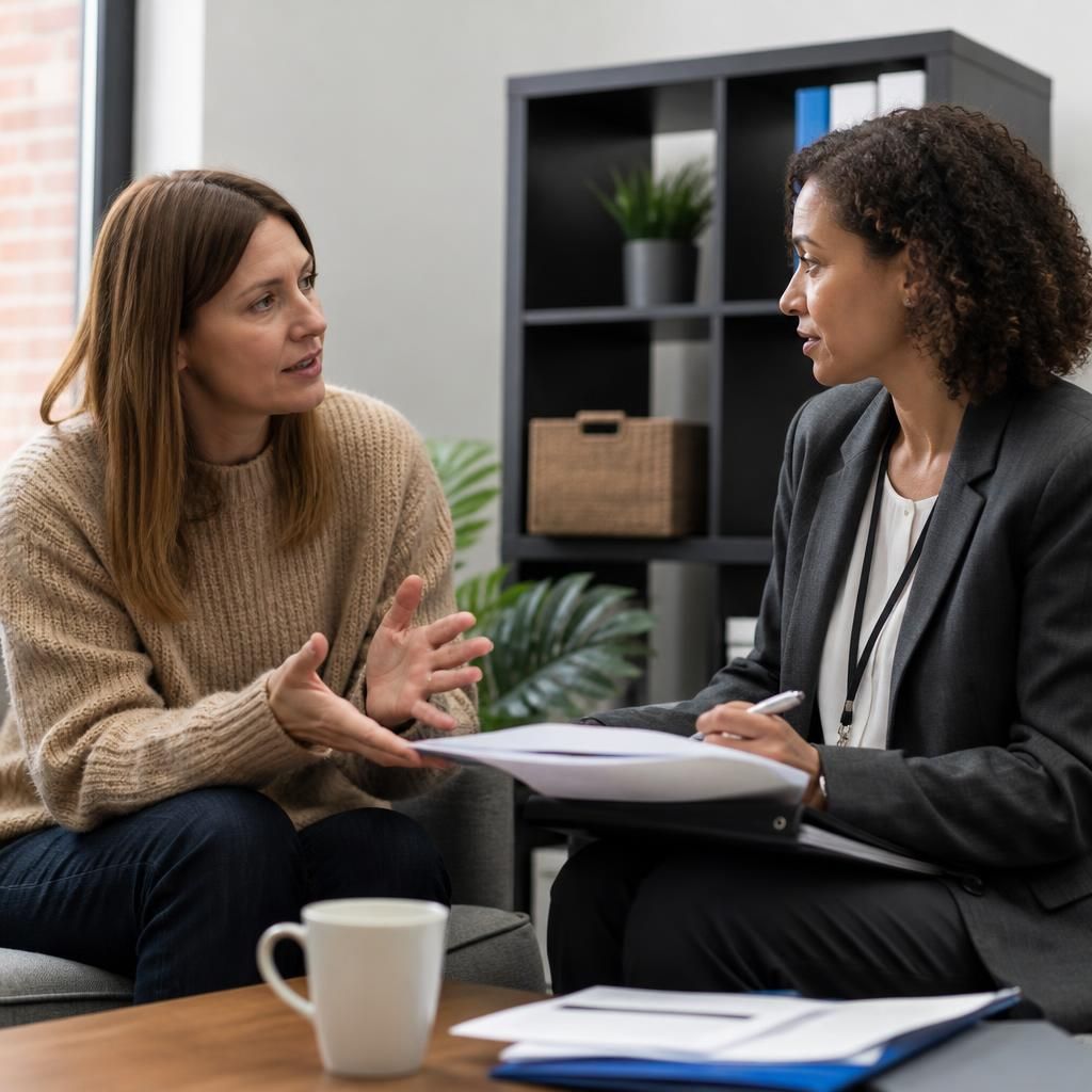 Foster carer discussing a grant application with a social worker