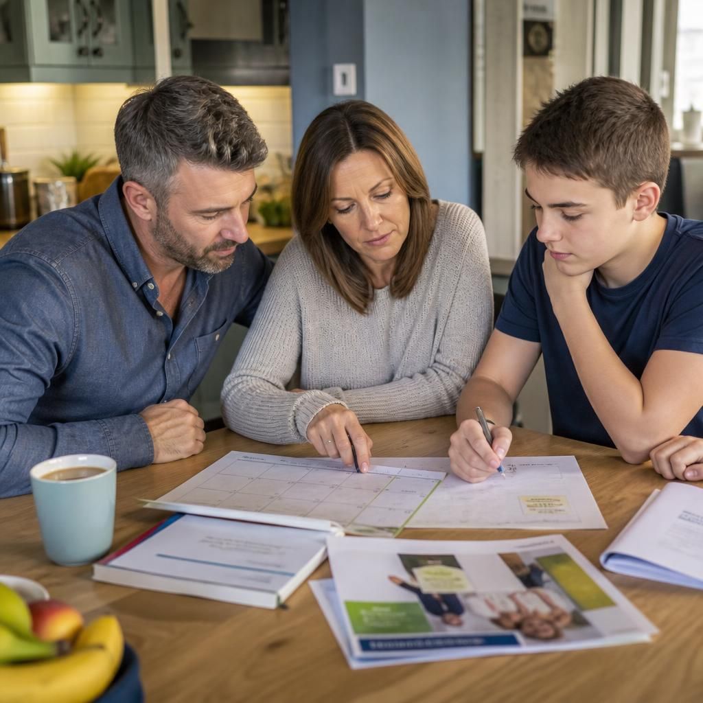 Family reviewing a shared calendar and foster carer training materials at home
