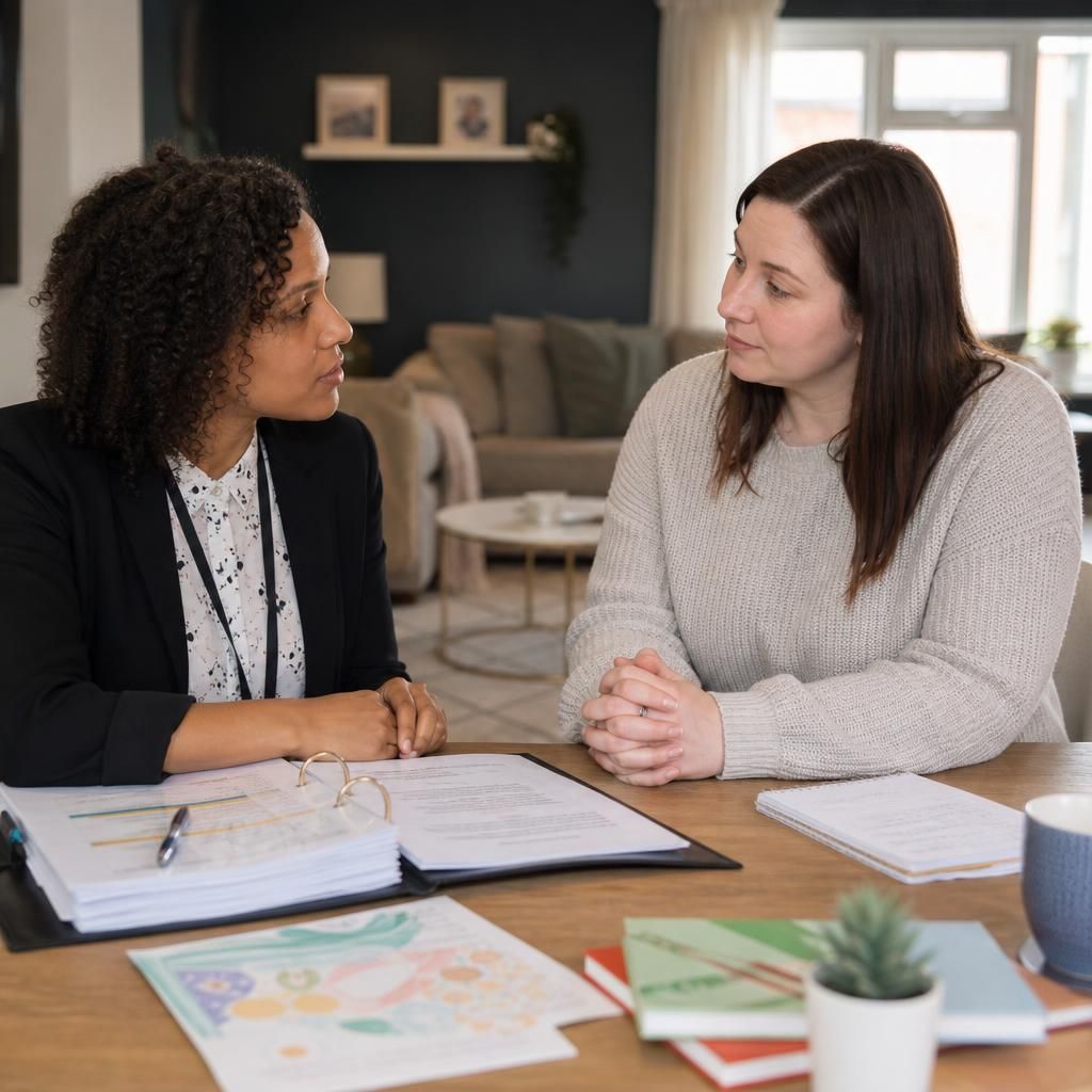 Foster carer discussing a child’s care plan with a social worker