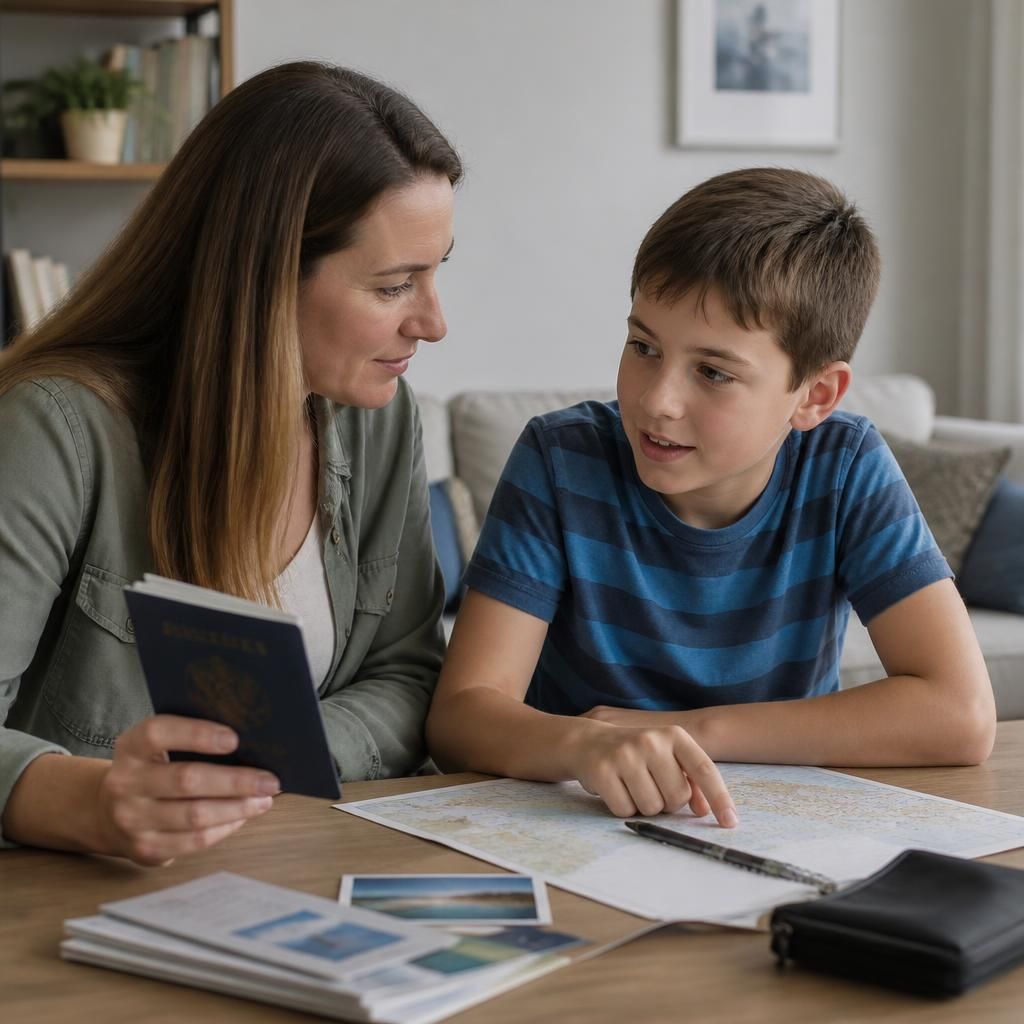 Foster carer and child reviewing holiday plans and travel documents