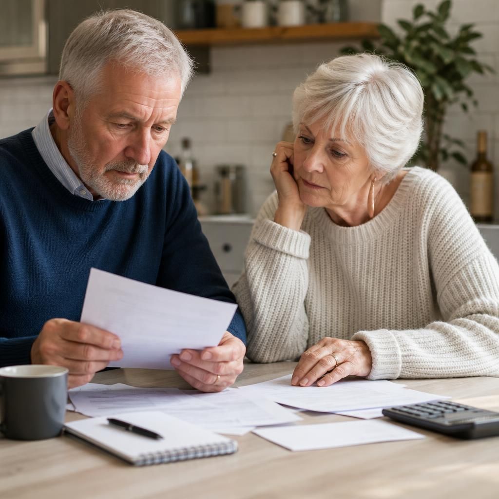 Older couple reviewing financial paperwork at a kitchen table