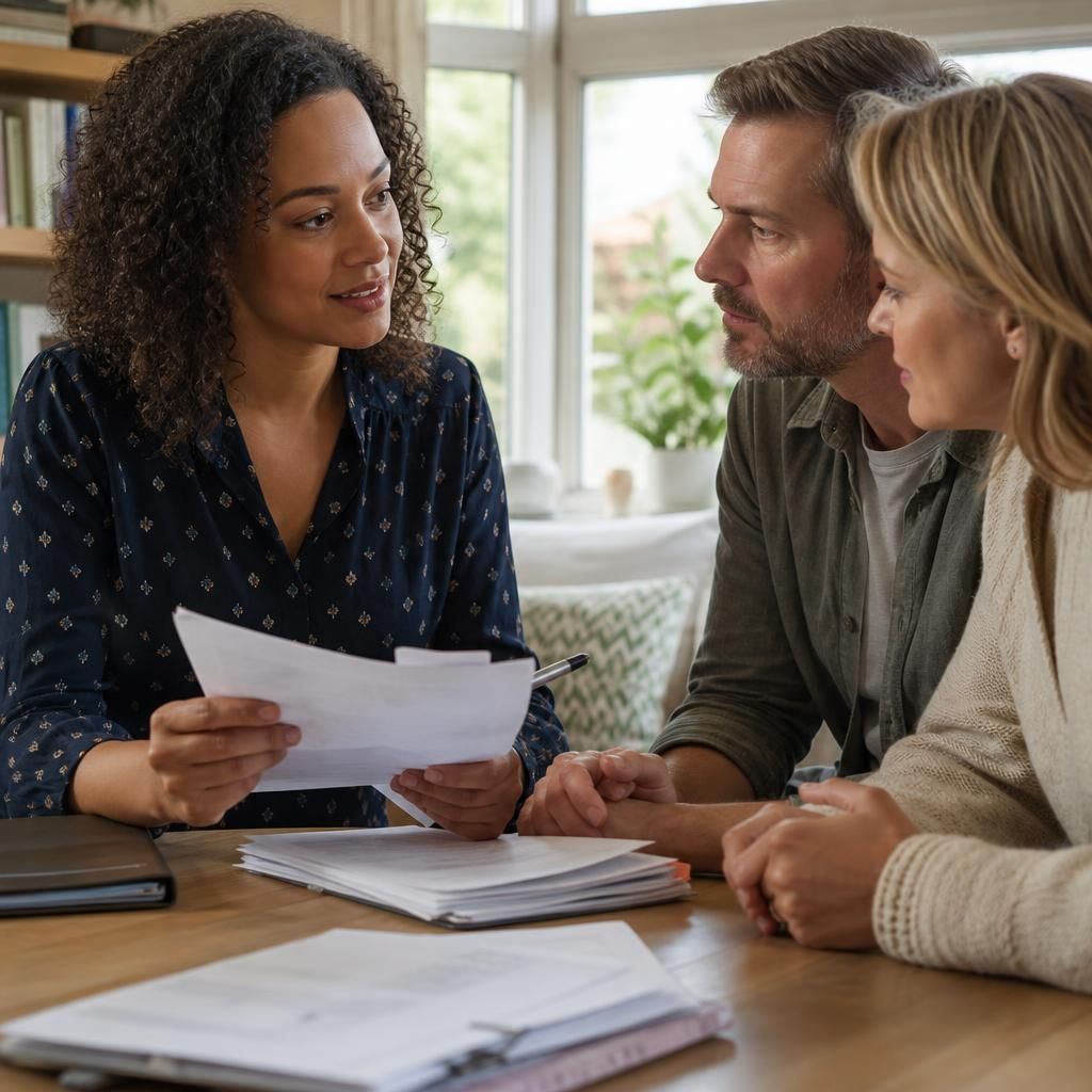Prospective foster carer discussing application documents with a social worker