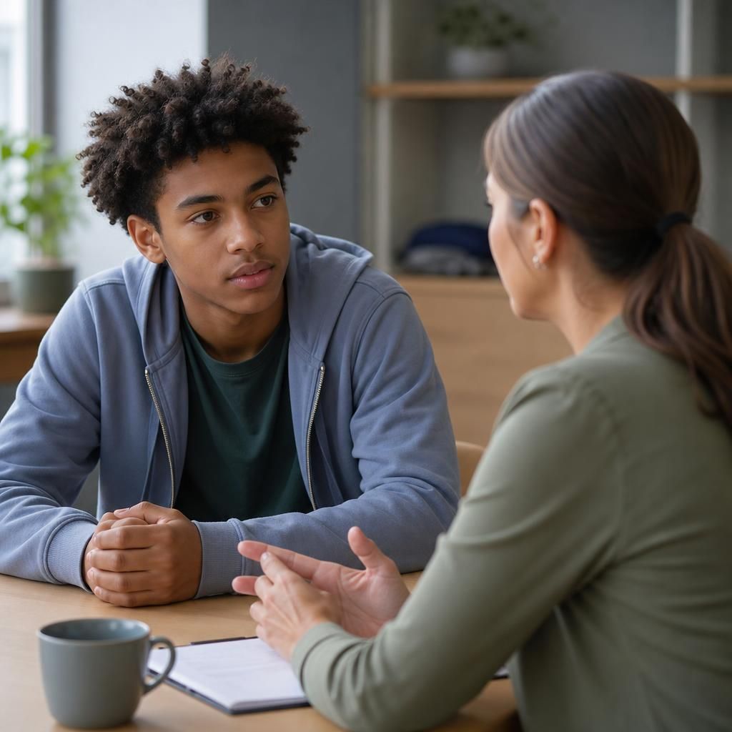 Young person speaking with a support worker at a table