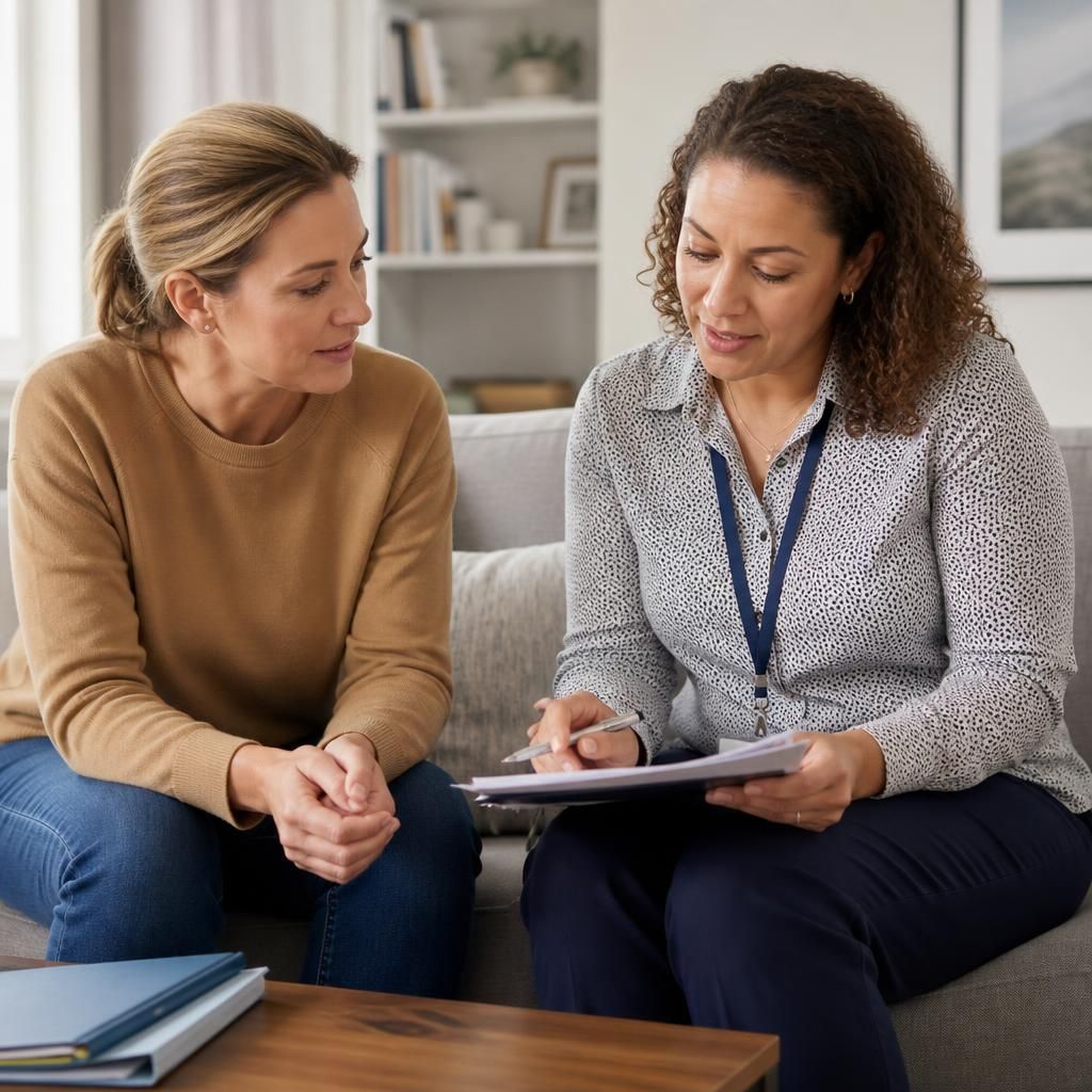 Foster carer discussing placement notes with a social care professional