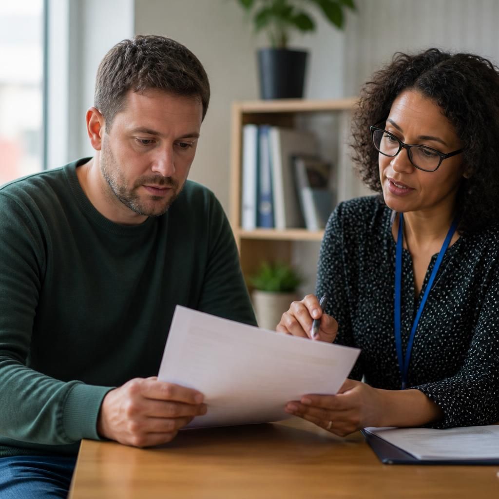 Foster applicant reviewing assessment paperwork with a social worker