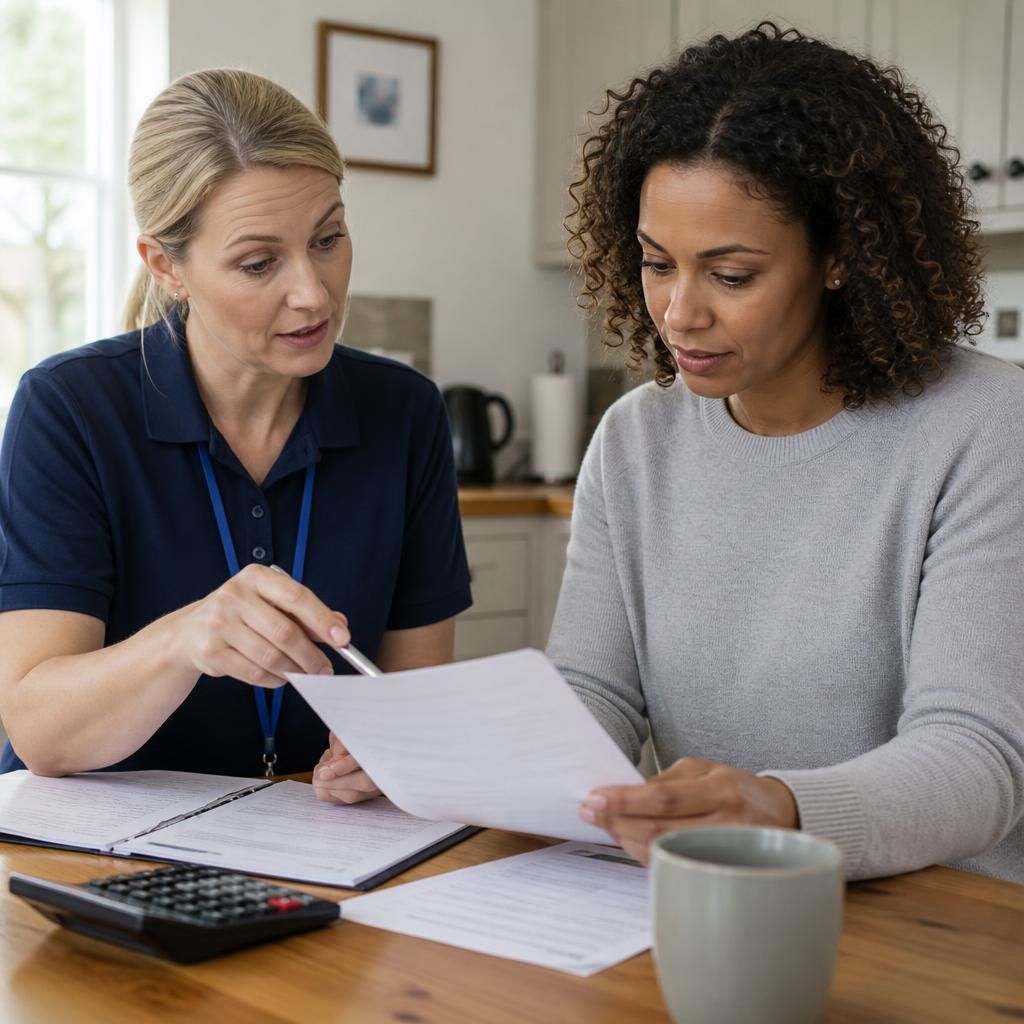 Foster carer reviewing payment documents with a social worker