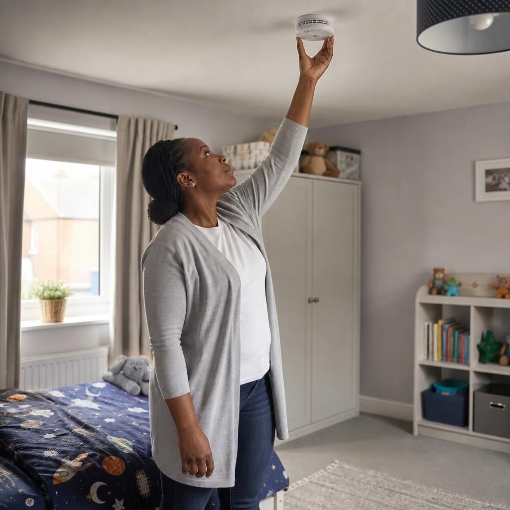 Foster carer checking a smoke alarm in a child's bedroom