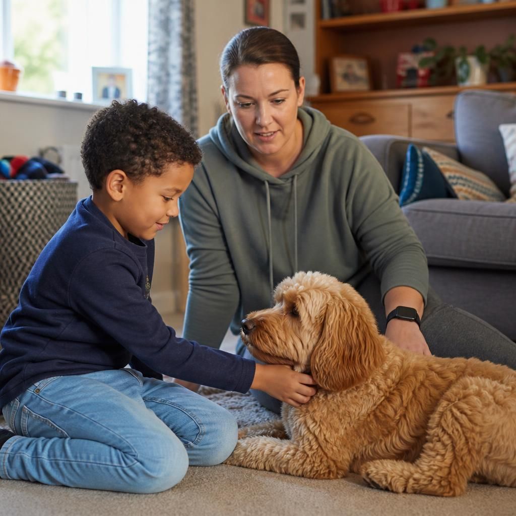 A foster carer supervising a child and dog together in a family home