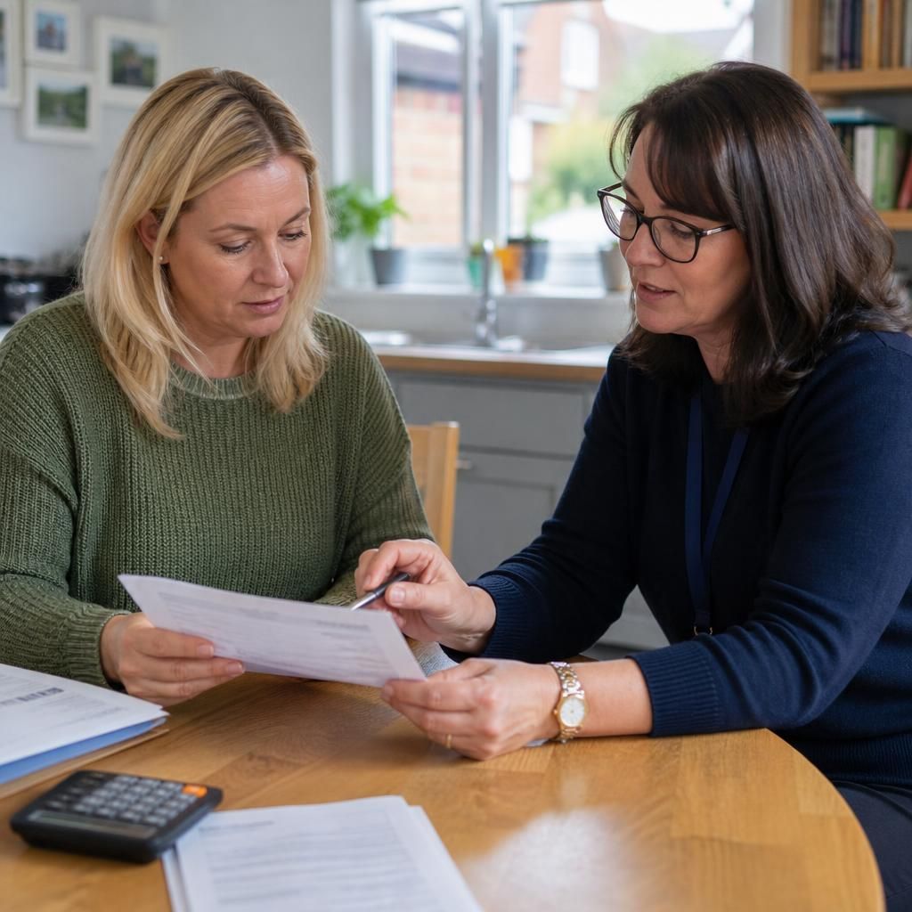 Foster carer reviewing a payment breakdown with a social care professional