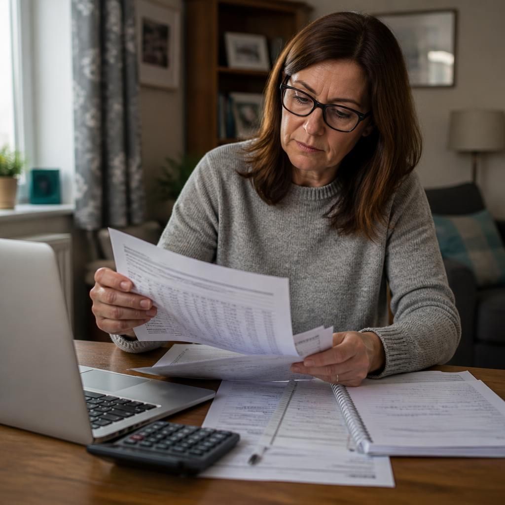Foster carer reviewing tax documents and fostering payment records at a desk