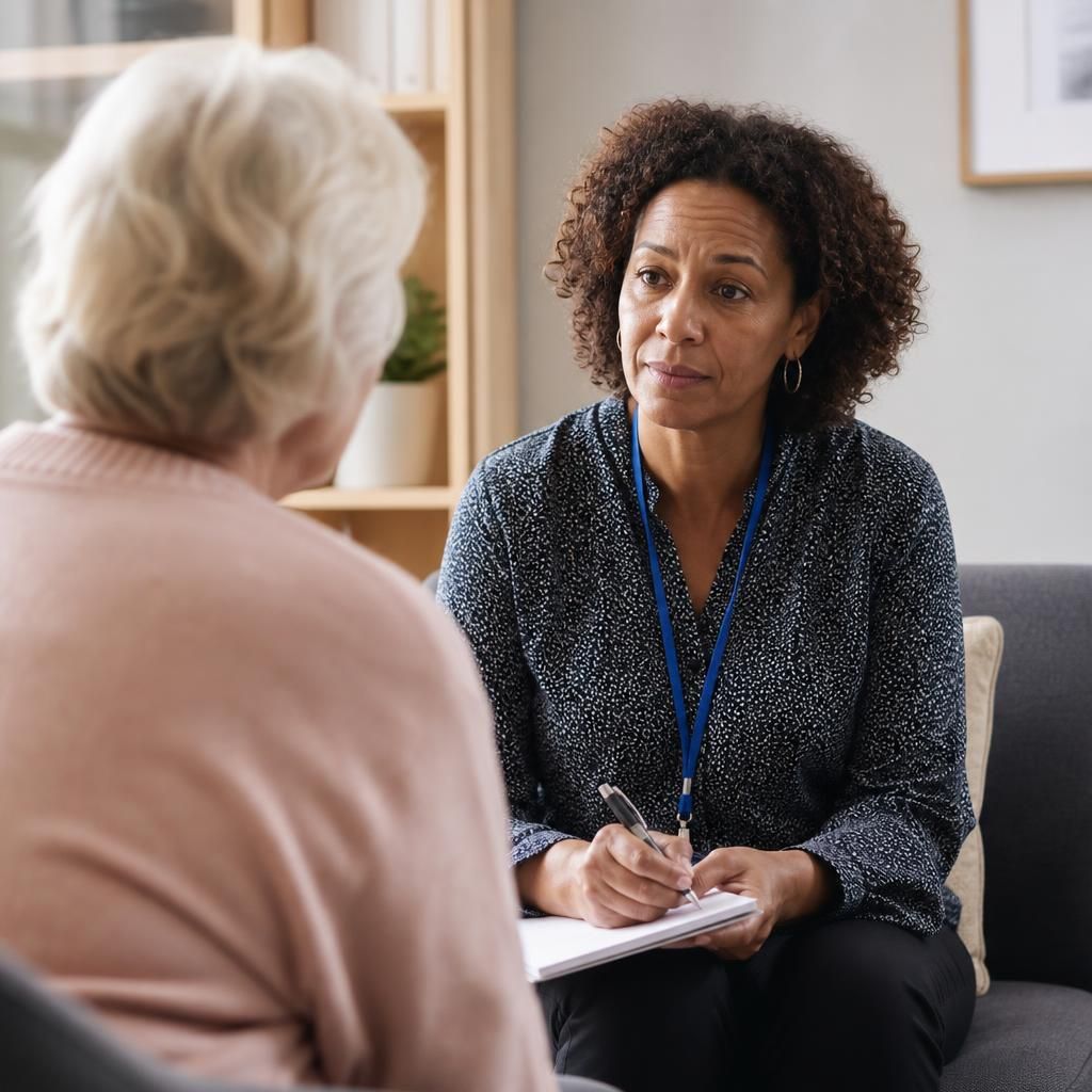 Social worker speaking with a kinship foster carer during a safeguarding meeting