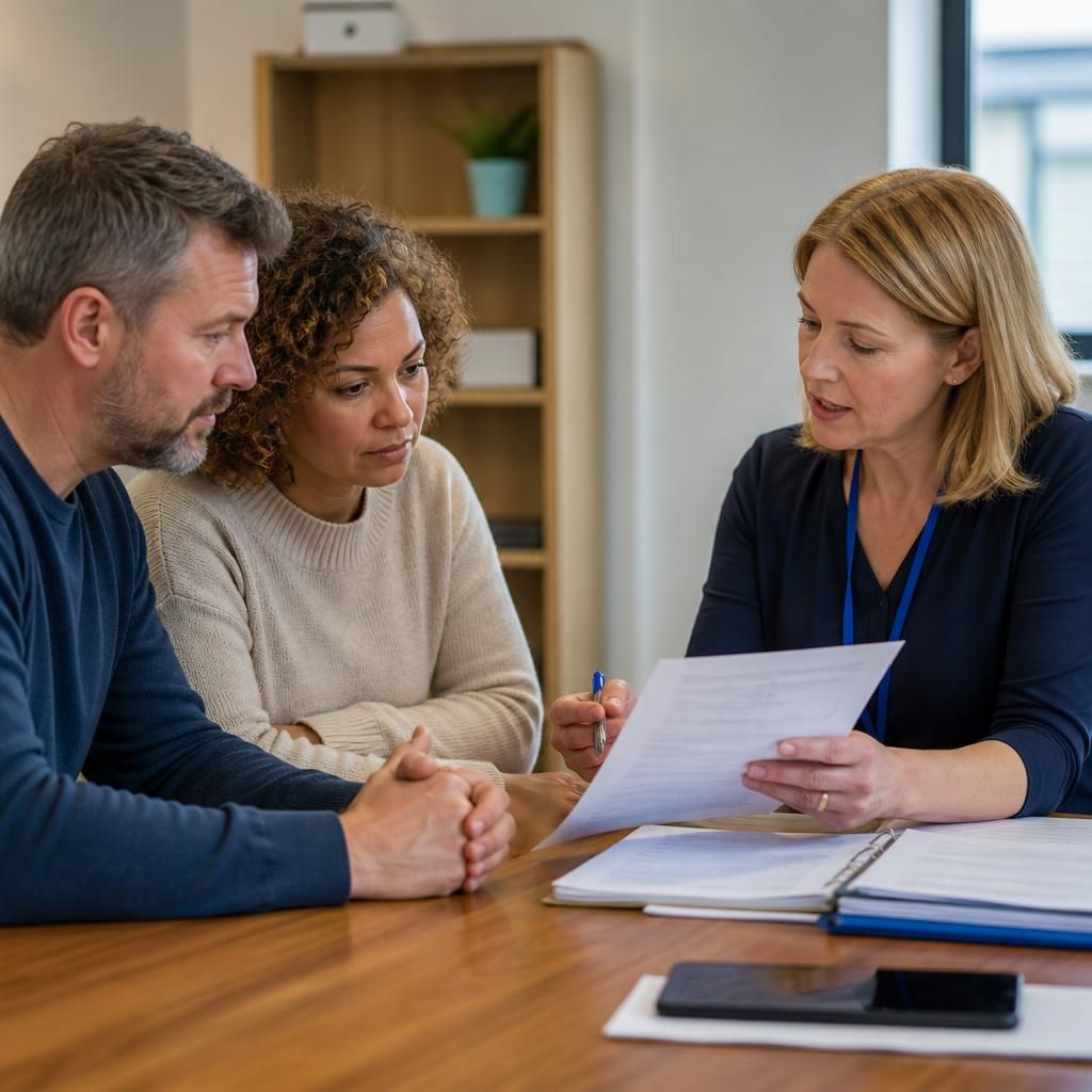 Foster carer and social workers reviewing transfer paperwork at a meeting