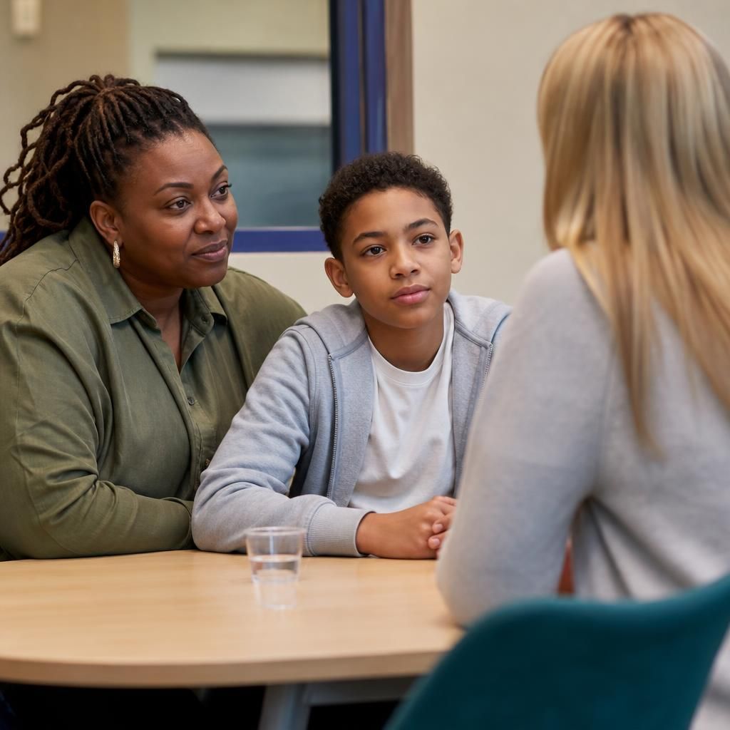 Foster carer and child speaking with a family member during a supervised visit