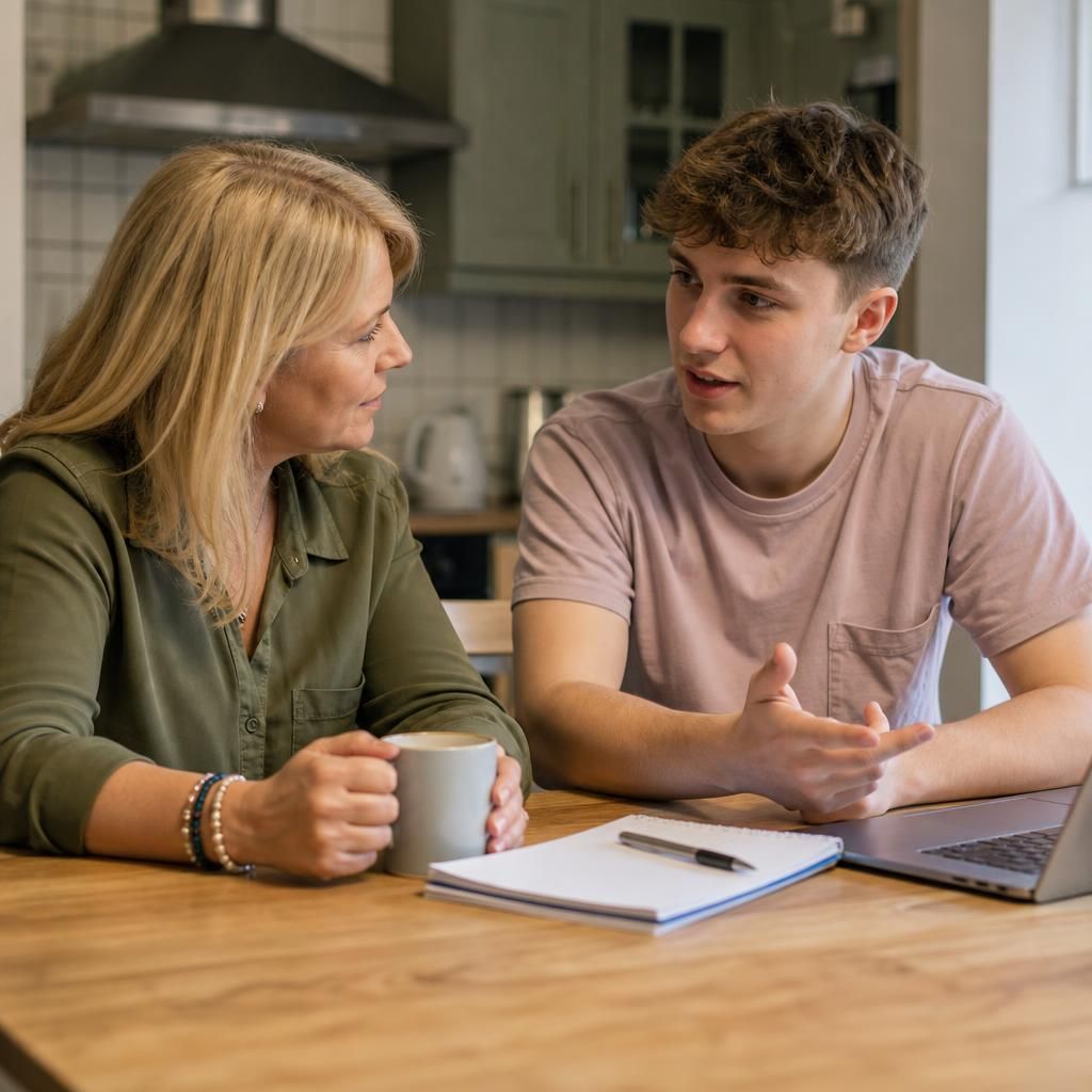 Foster carer and young adult discussing future plans at a kitchen table