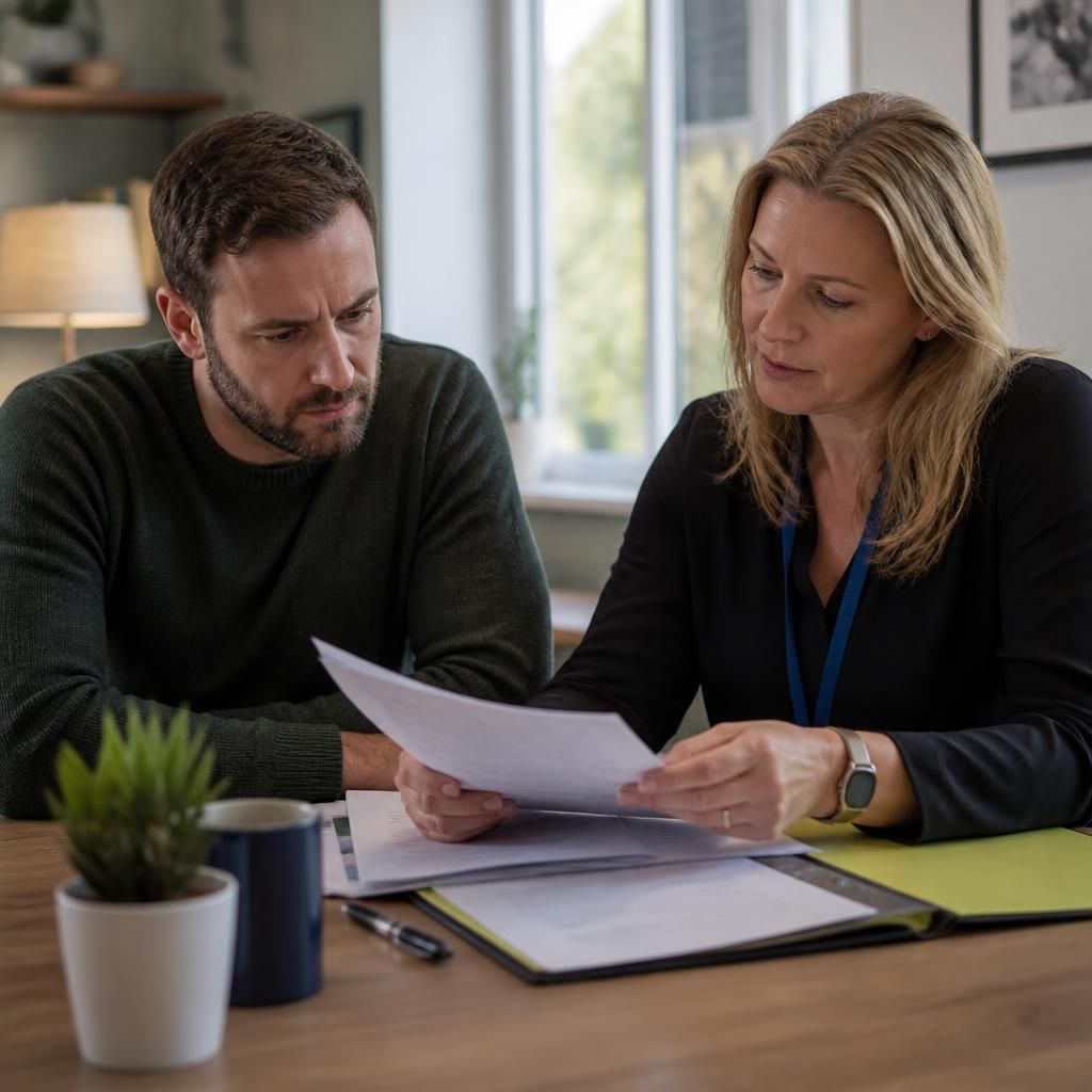 Foster carer applicant reviewing safeguarding documents with an assessor