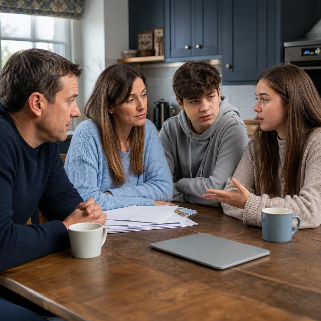 Family members discussing fostering around a kitchen table