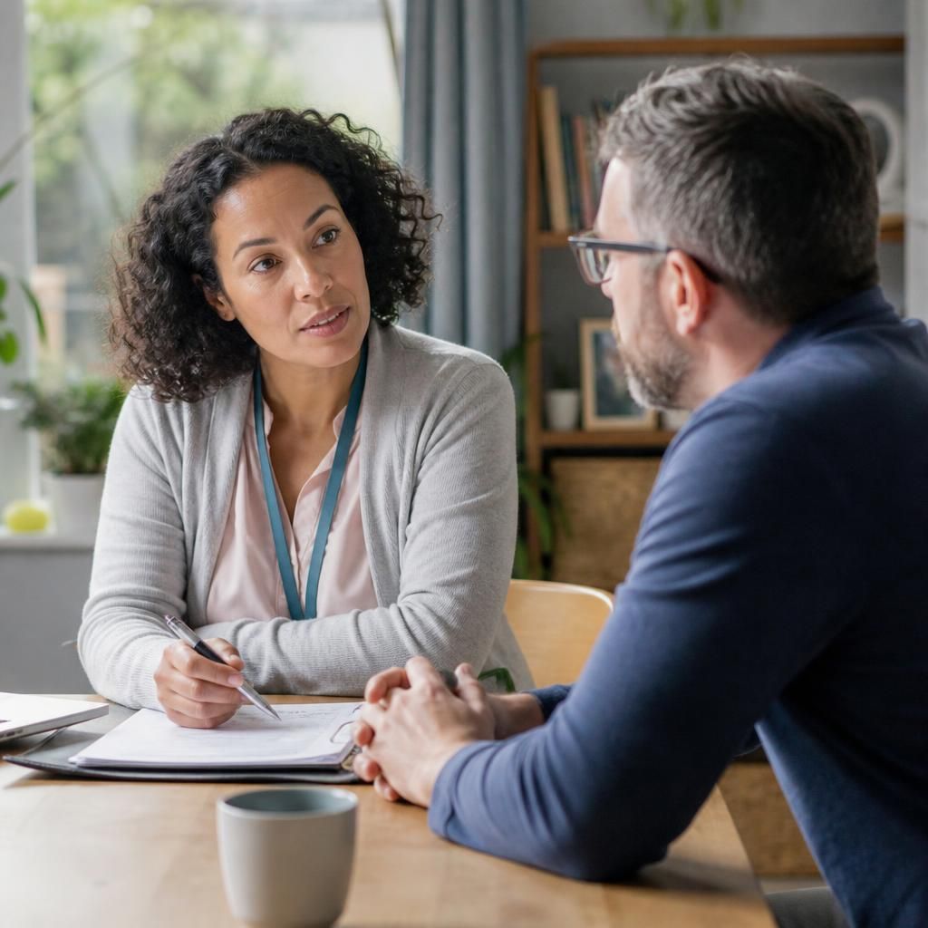 Foster applicant discussing household changes with a fostering assessor