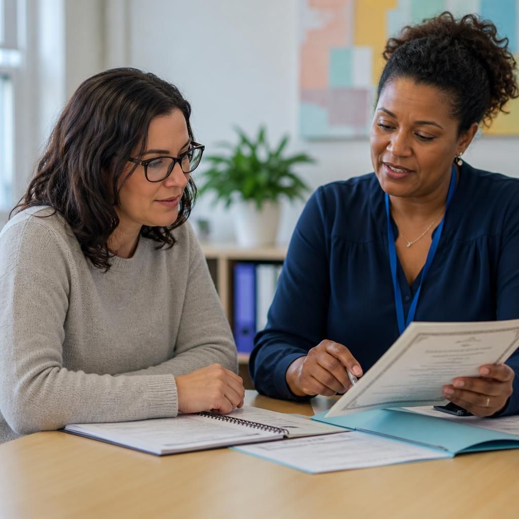Foster carer discussing certificates and training records with an assessor