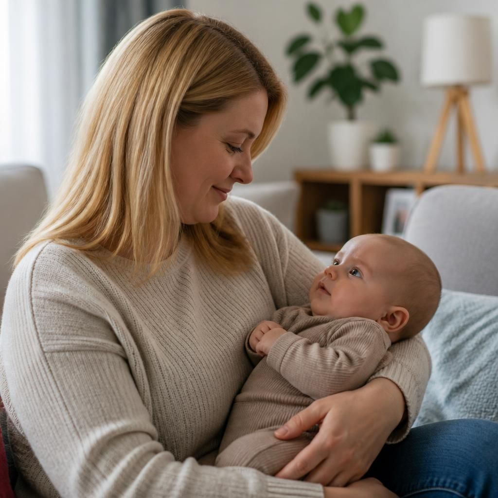 Foster carer gently holding a baby in a safe home environment