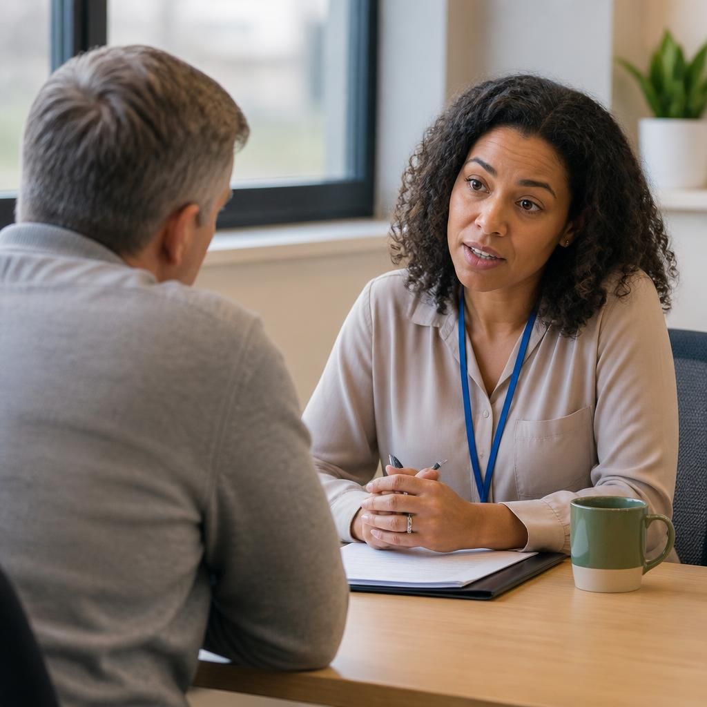 Foster carer speaking with a social worker during a safeguarding meeting