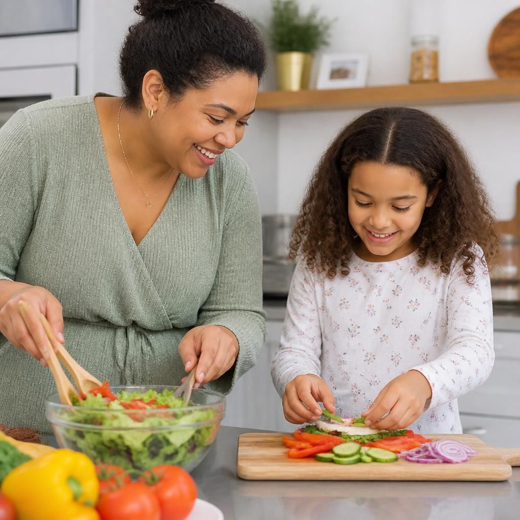 Foster carer and child preparing a meal together at home