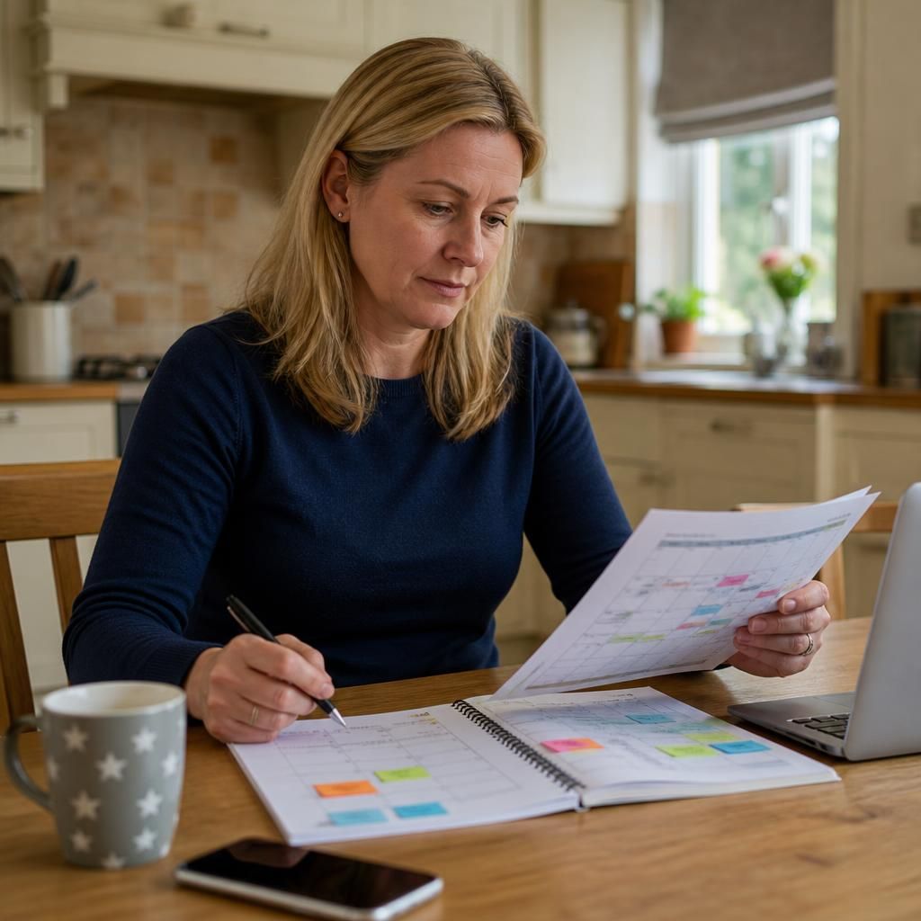 Foster carer reviewing a work calendar and school timetable at a kitchen table