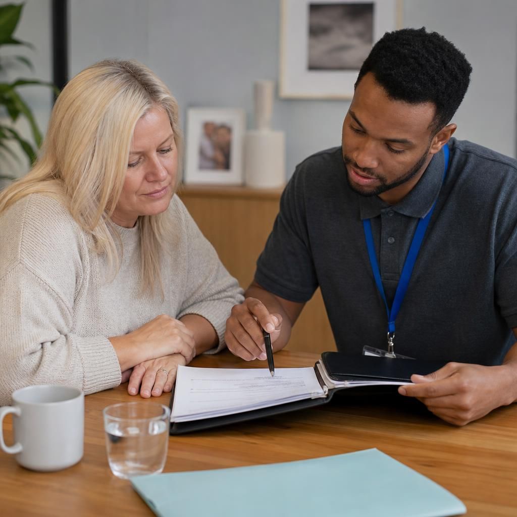 Foster carer reviewing placement information with a social worker at a table
