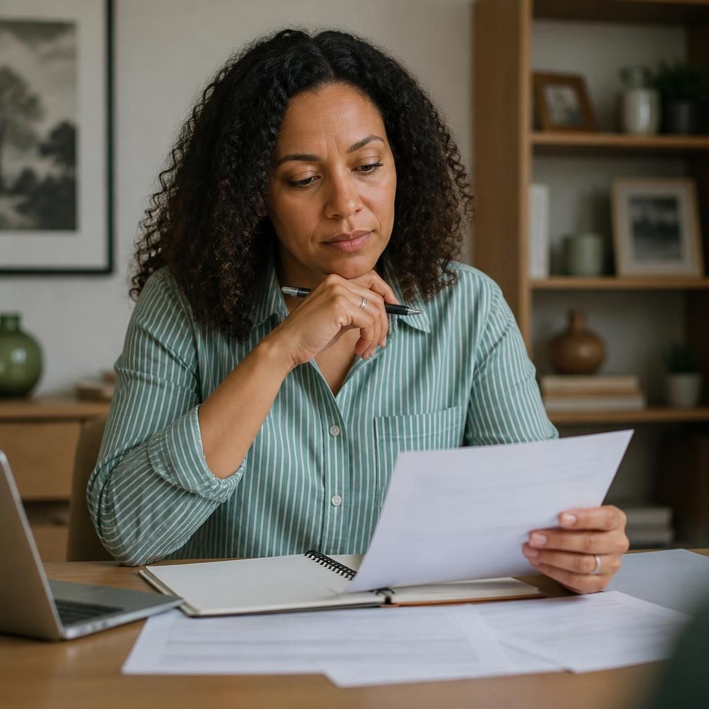 Applicant reviewing foster care forms with a pen and notebook