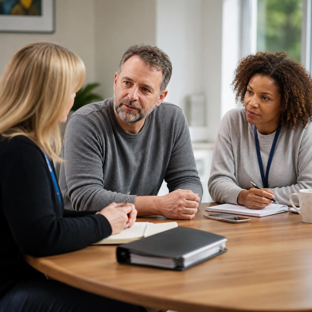 Foster carer discussing a child’s placement with social workers around a table