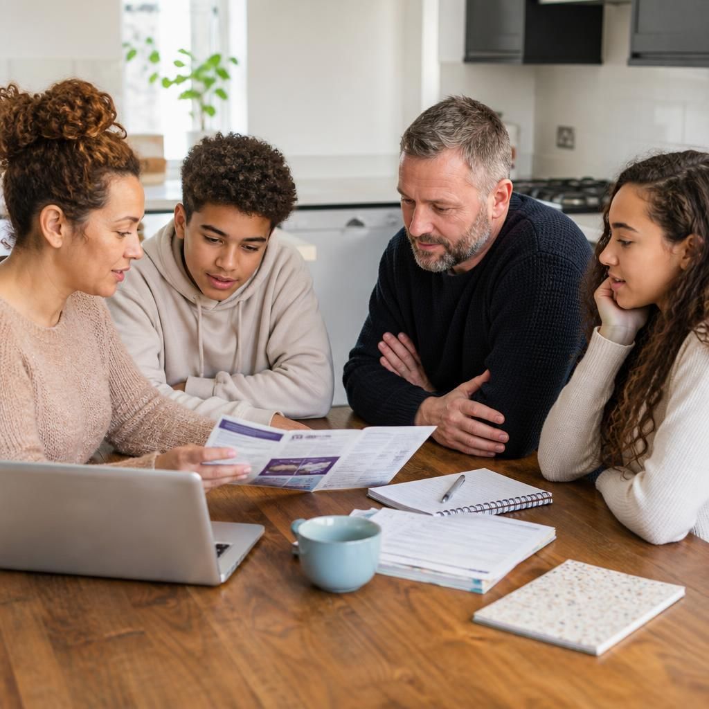 Family members discussing fostering information around a table