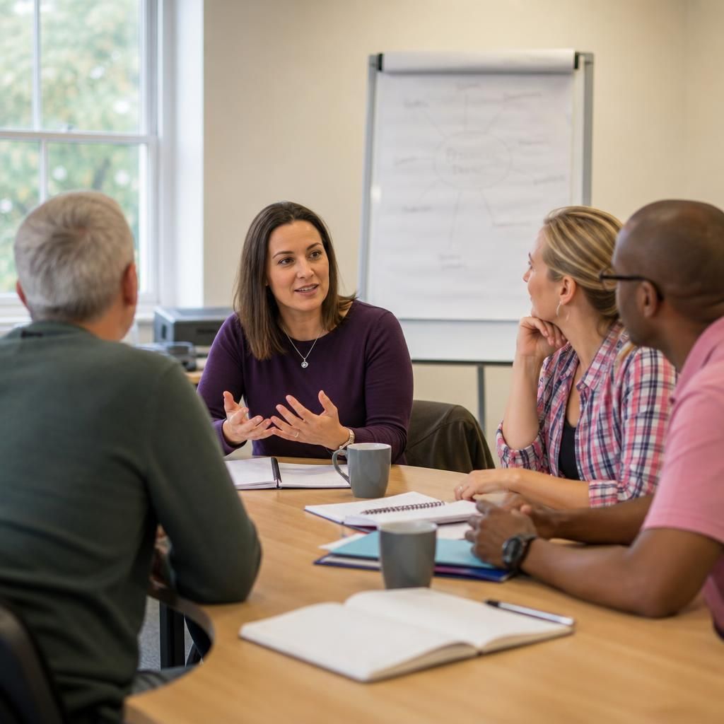 Prospective foster carers attending a training session with a facilitator around a table