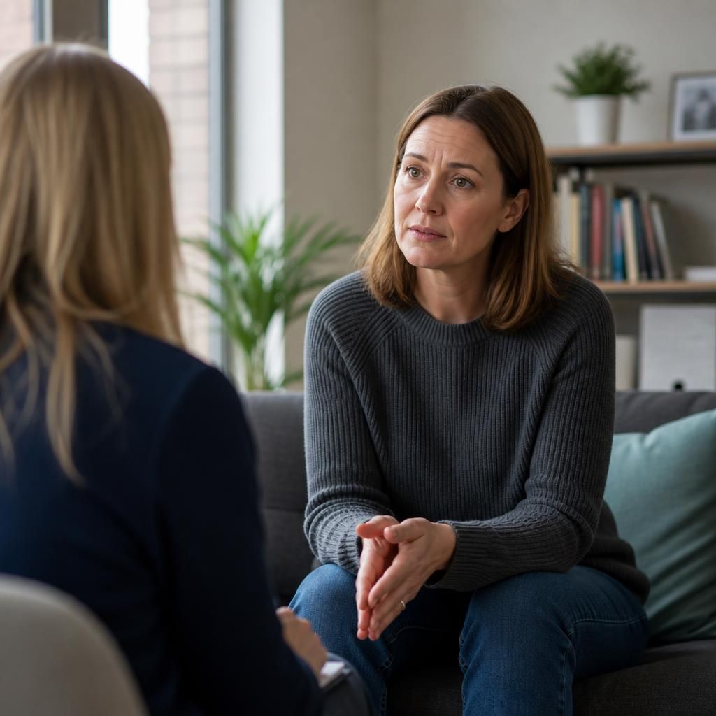 Foster parent speaking with a therapist during a counselling session