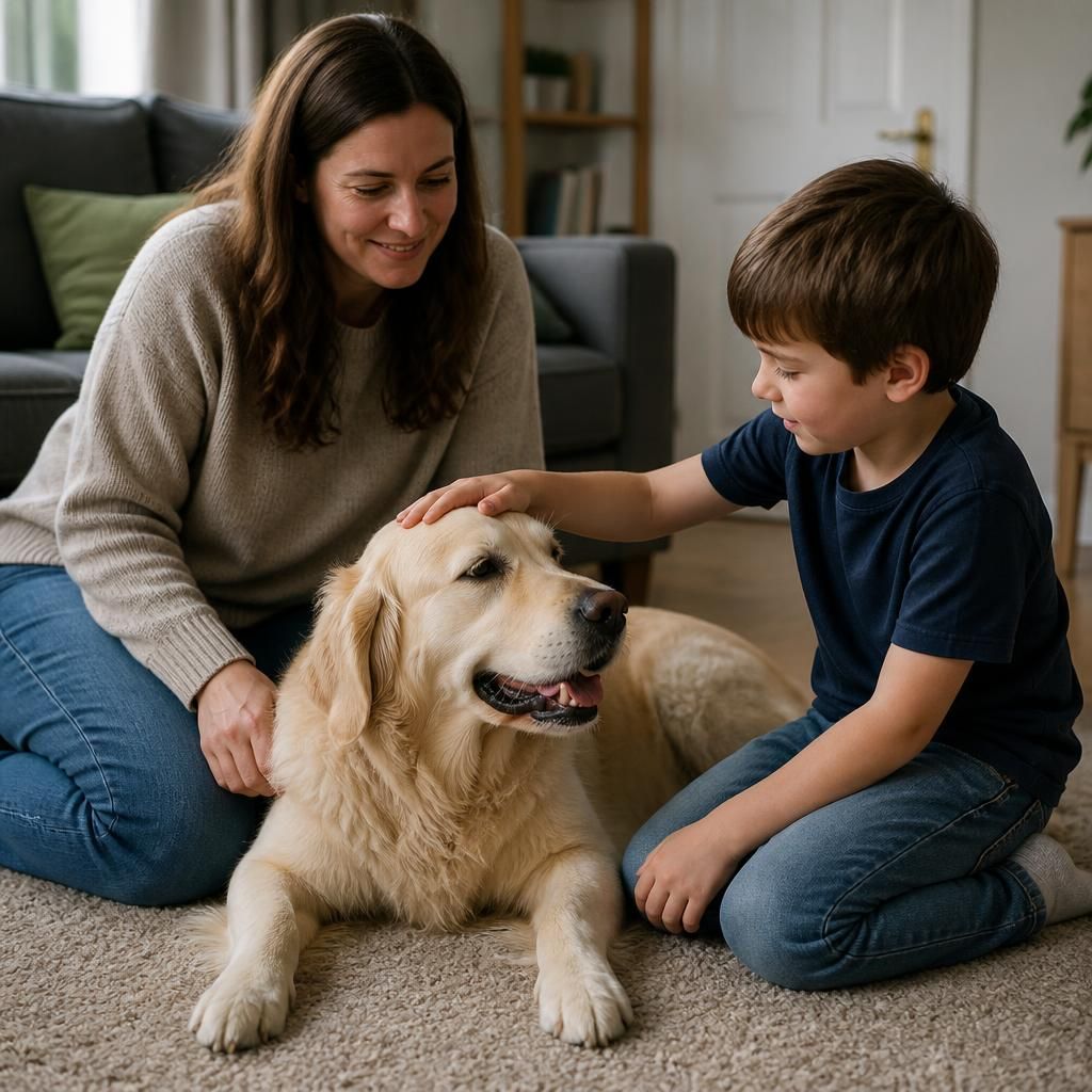 Foster carer supervising a child interacting safely with a family dog