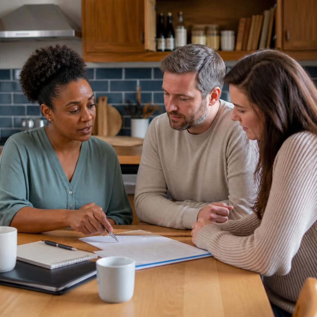 Foster carer discussing paperwork with a social worker at a kitchen table