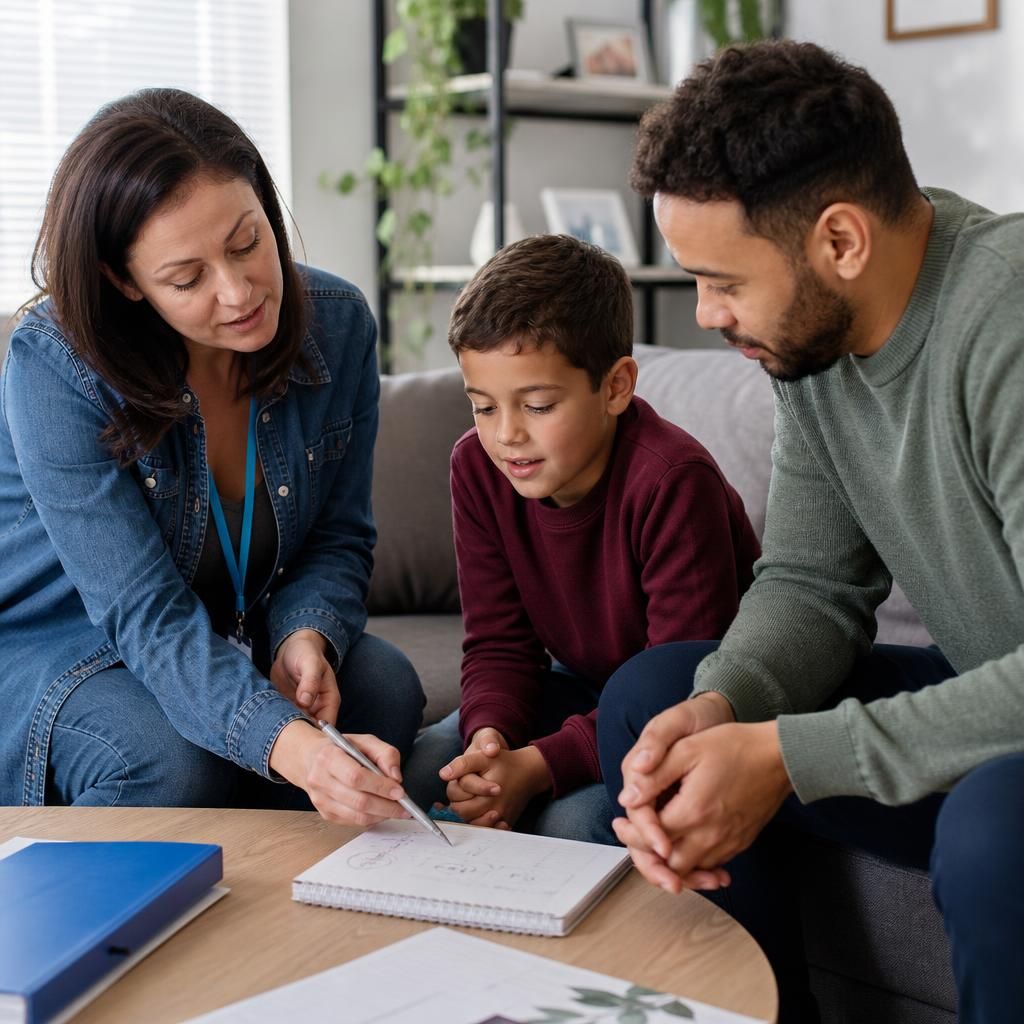 Foster carer, child and social worker discussing a placement plan