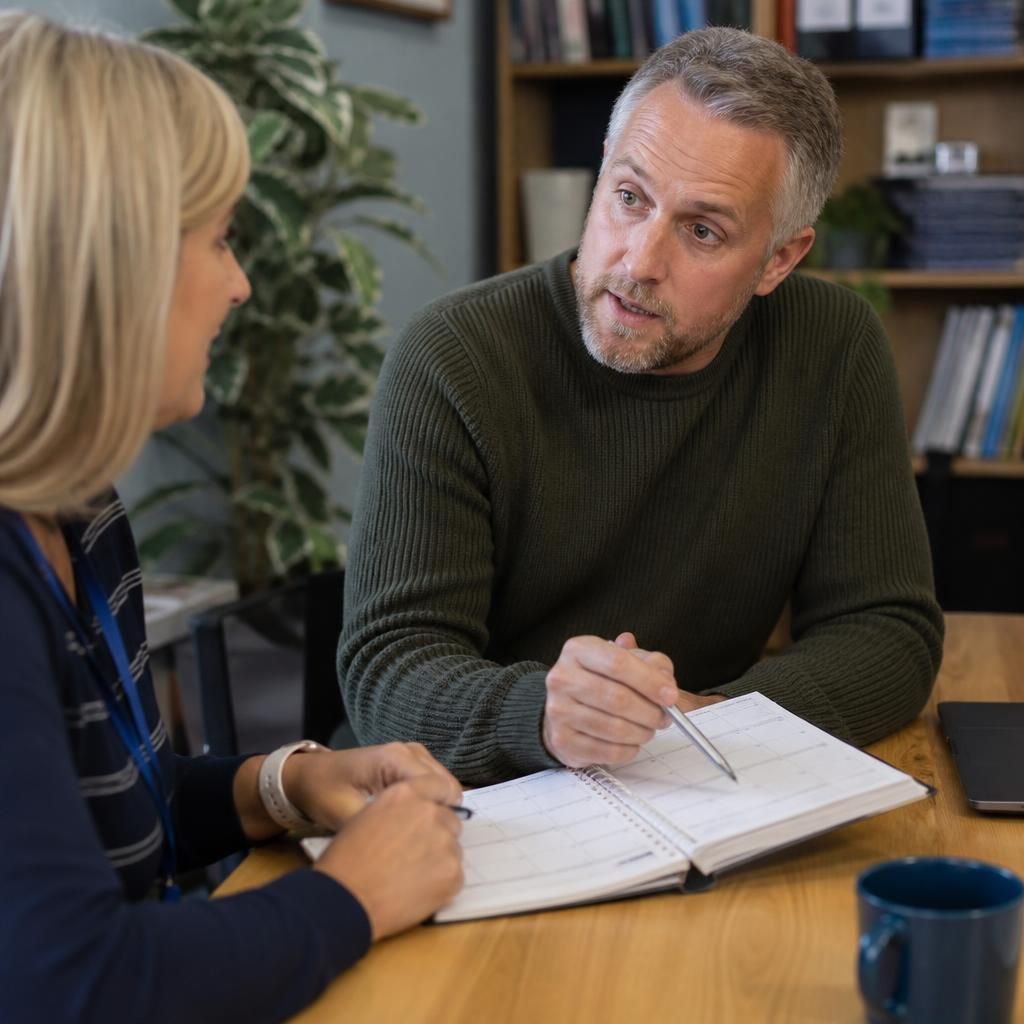 Foster carer discussing a work schedule with a social worker
