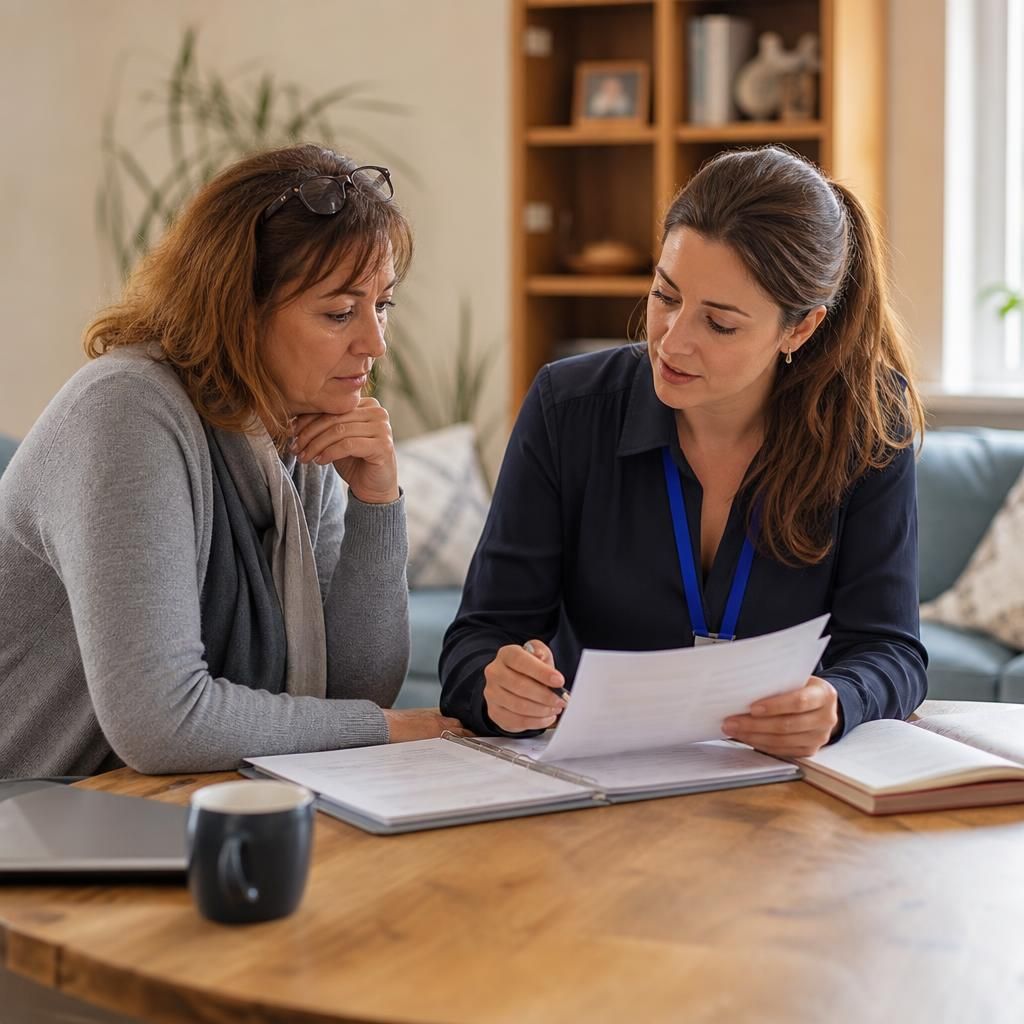 Foster carer and social worker reviewing a specialist placement agreement and care plan