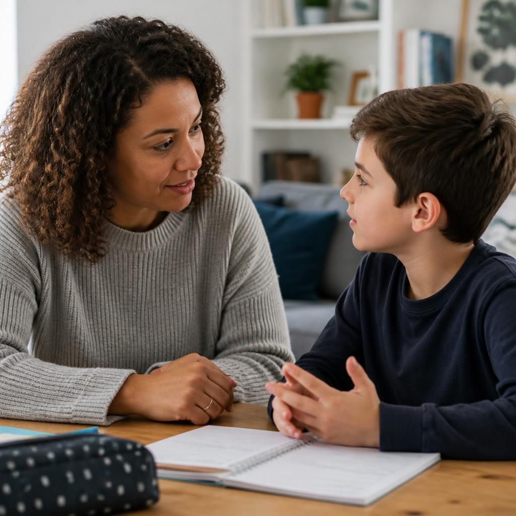 Adult and child talking together at a table