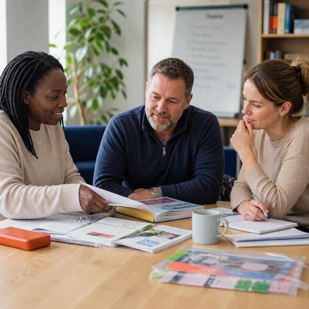 Adult learners reviewing foster care training materials around a table