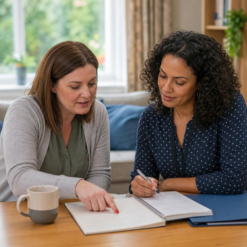 Foster carer and social worker discussing a child's review notes at a table
