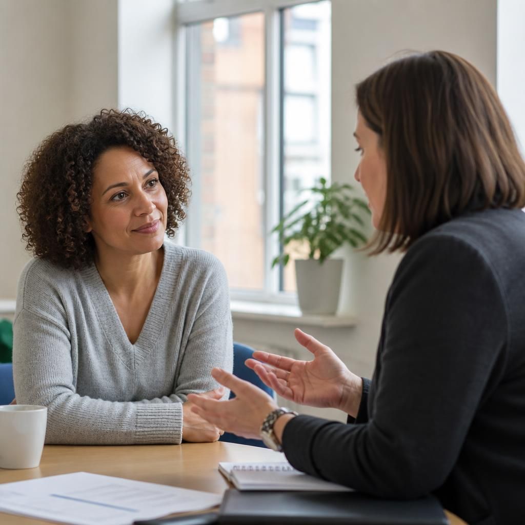 Foster carer talking with a social worker during a review meeting