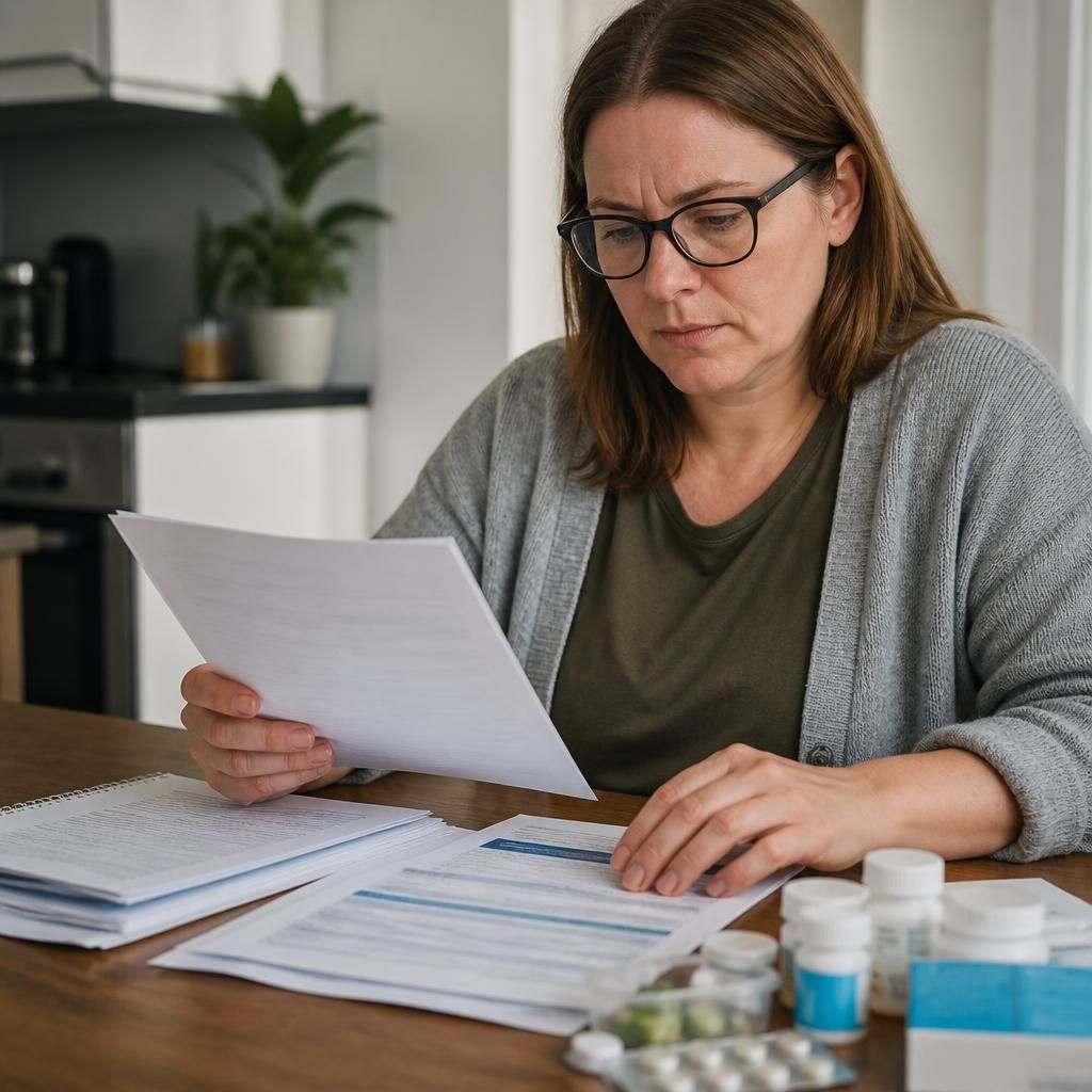 Person reviewing medical forms and a medication list before an appointment