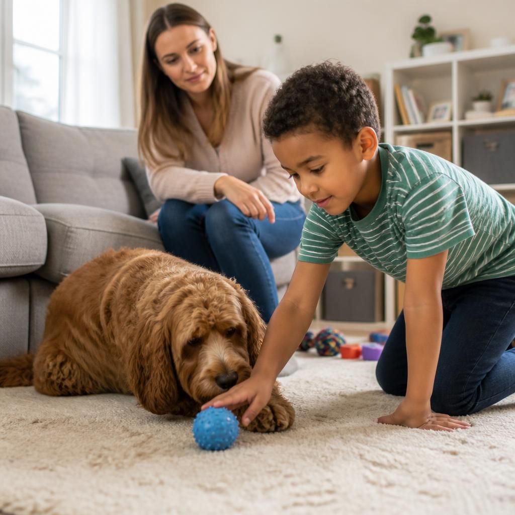 Foster carer supervising a child and dog together in a home