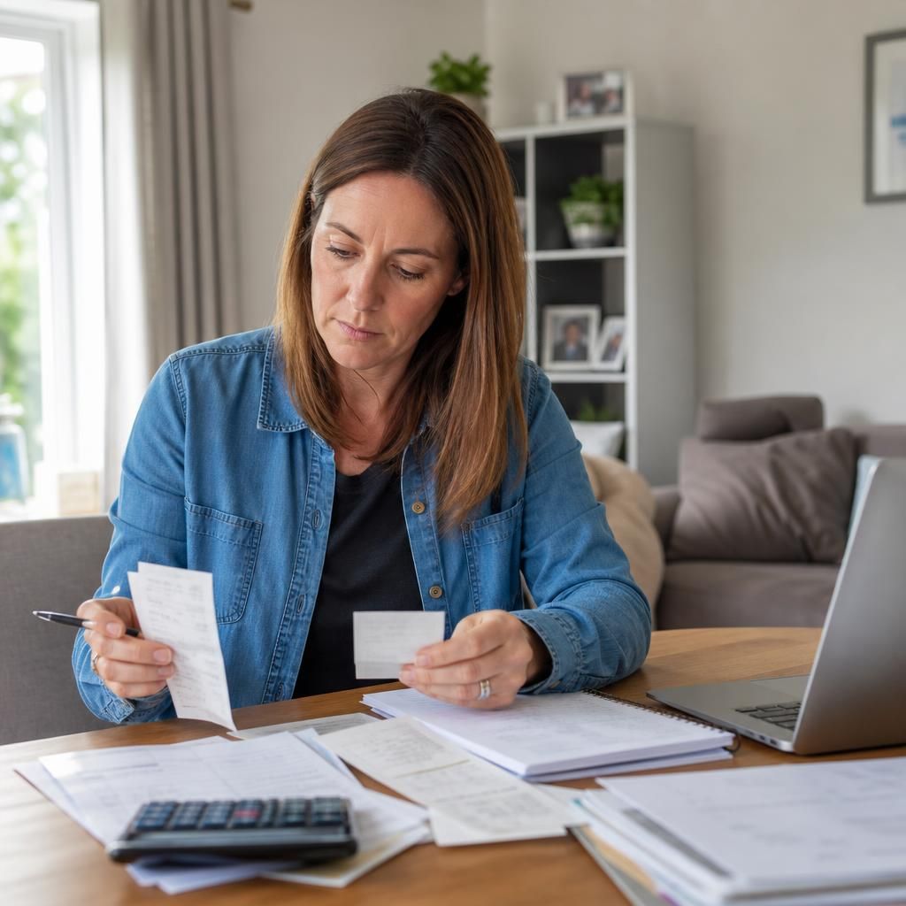 Foster carer reviewing receipts and paperwork for a child’s placement costs