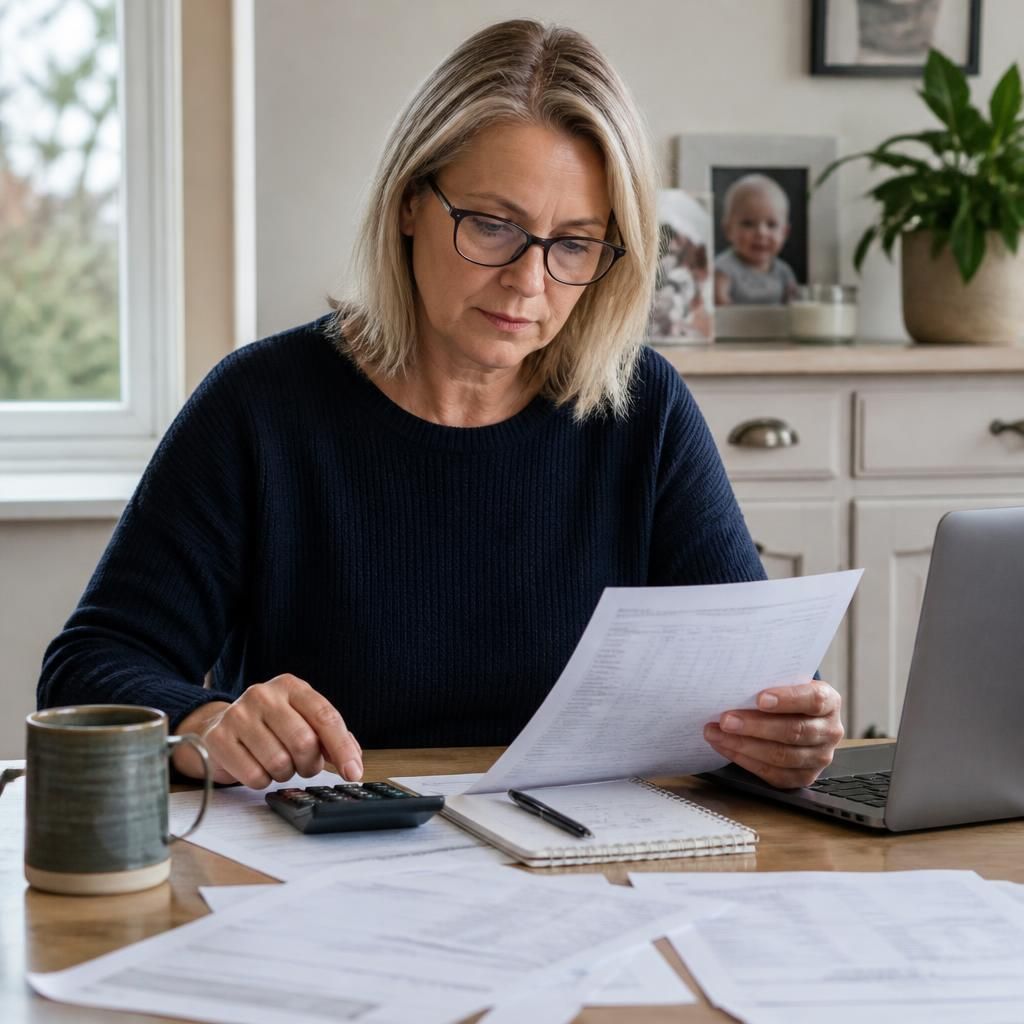 Foster carer reviewing payment records and tax documents at a desk