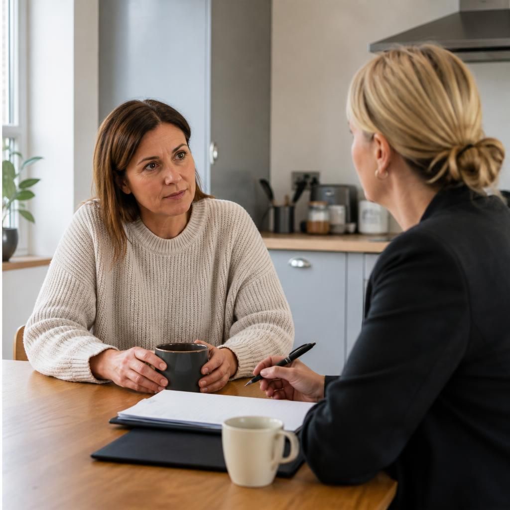 Foster carer speaking with a social worker at a kitchen table