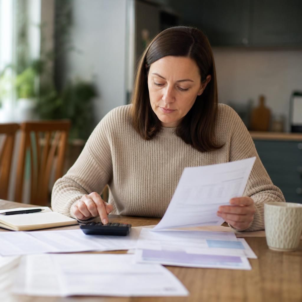 Foster carer reviewing household paperwork at a table