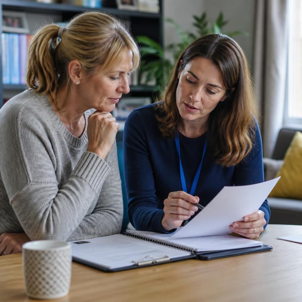 Foster carer reviewing placement documents with a social worker
